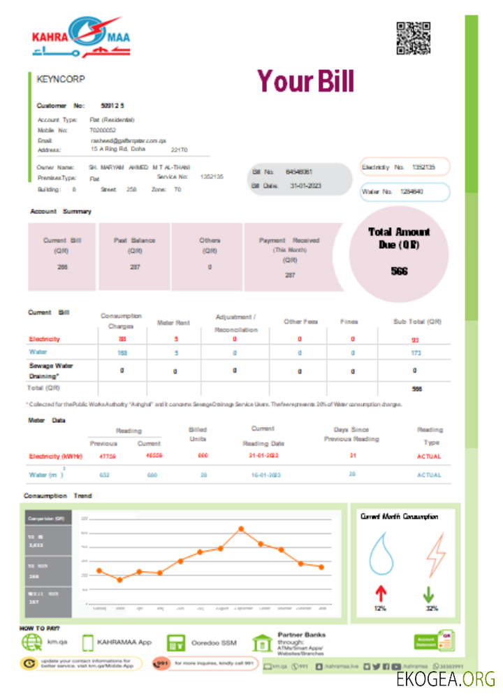 Facture commerciale de service public de Kahramaa, page 1, SCR